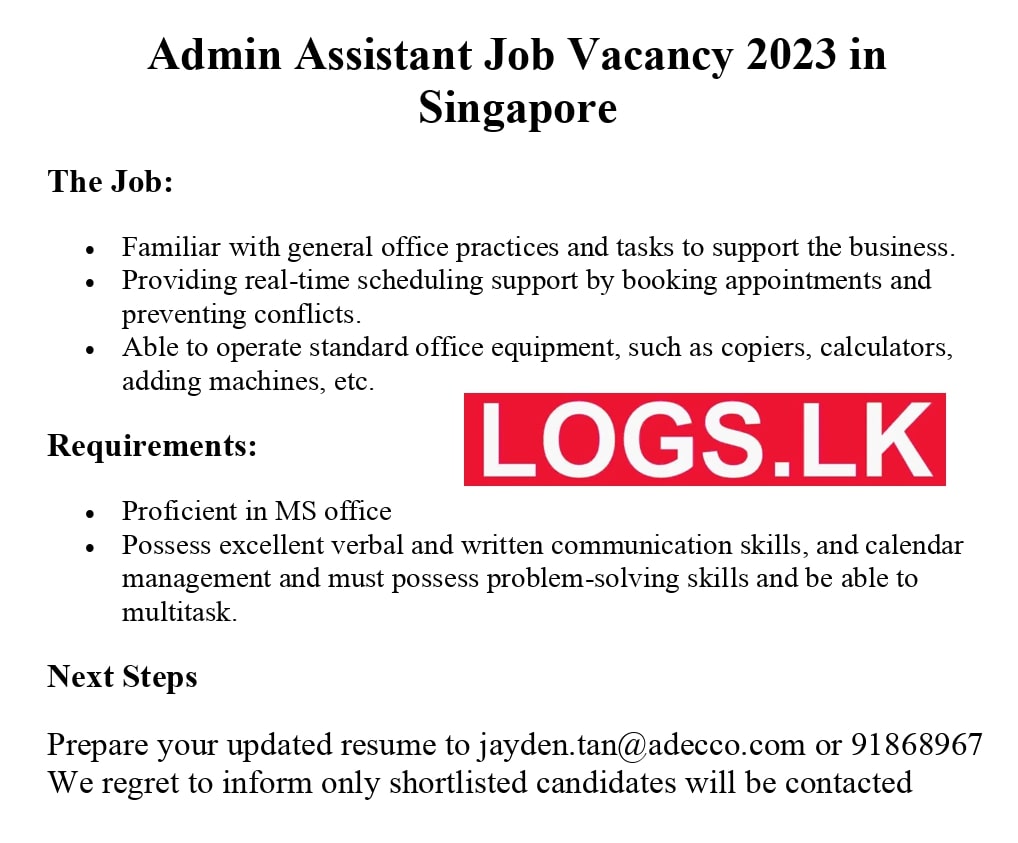 Admin Assistant Job Vacancy 2023 in Singapore Jobs Vacancies
